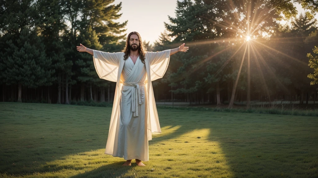 A full body shot of an ultra-realistic and beautiful Jesus Christ with His arms open, welcoming us, standing in a serene meadow with a soft golden light illuminating His figure, wearing a flowing white robe, with a gentle smile and compassionate eyes, during a radiant sunrise, shot with a Nikon Z7 II, 50mm f/1.4 lens, vibrant colors