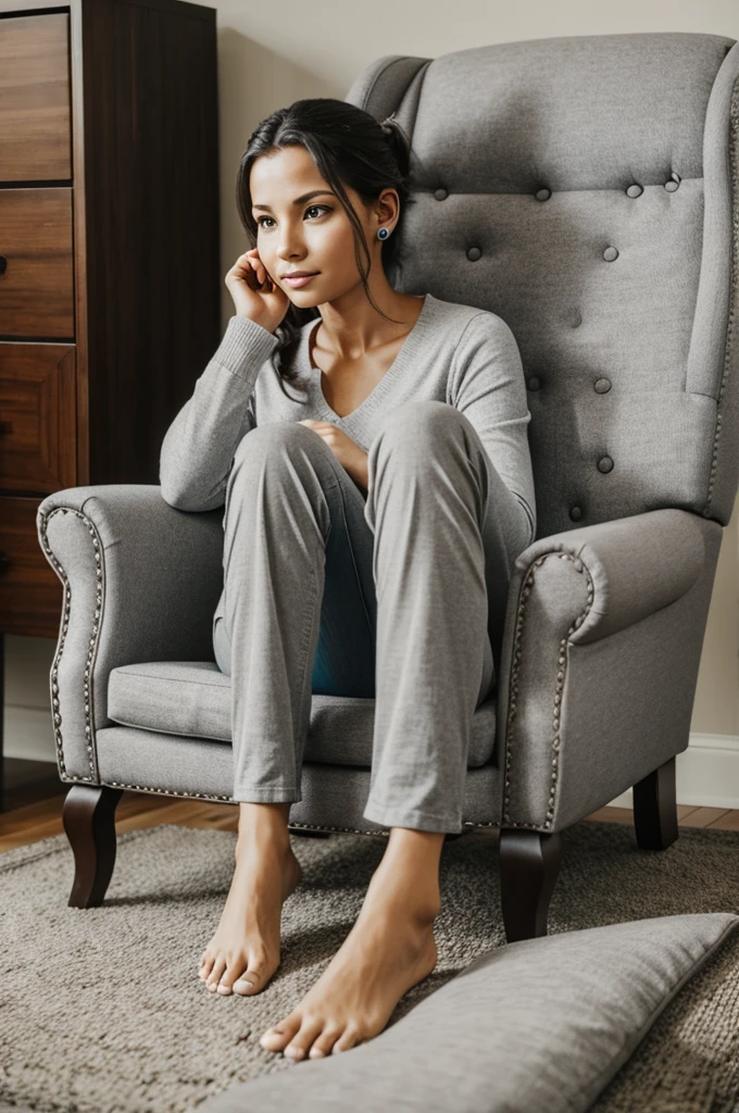 Woman with gray pants barefoot sitting in an armchair putting her ears in water