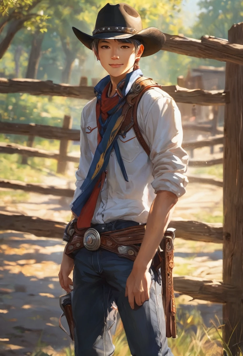 (((Masterpiece))), best quality, cowboy shot, perfect anatomy, (detailed face), outdoors, sunny, warm sunlight, (((realistic faces))), realistic anatomy, painterly)) 1boy, shota, solo, smile, shotacon