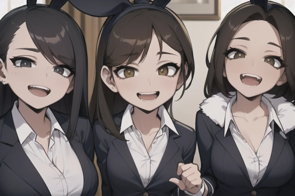 three sexy women who are wives of 4 years old boy, looking at camera, happy opened mouths, portrait, various hair, bunny outfits