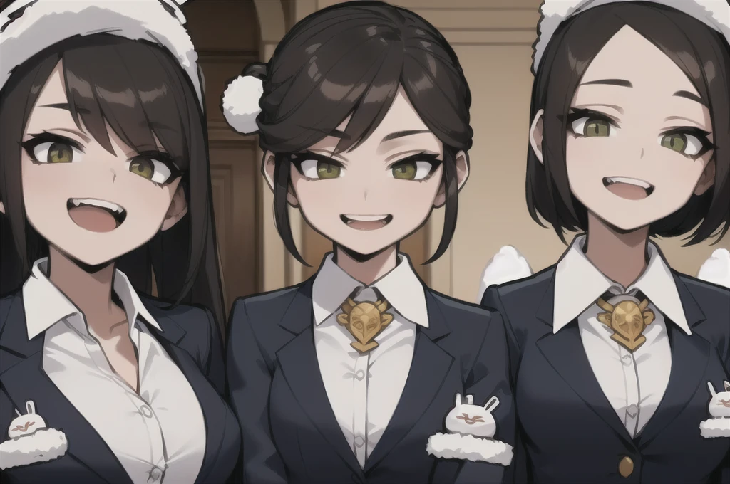 three sexy women who are wives of 4 years old boy, looking at camera, happy opened mouths, portrait, various hair, midwife outfits