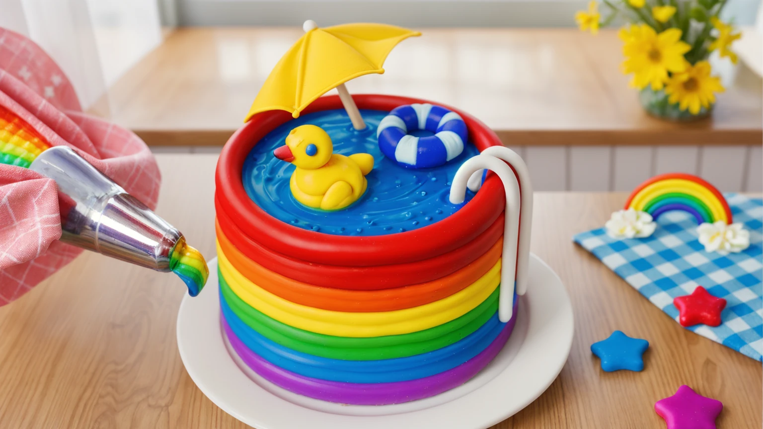 on a wooden table. there is a white plate with a rainbow cake in the form of a polymer clay pool, on the table there is a BLUE checkered tablecloth, there are STAR candies on the table next to them, ON THE TABLECLOTH IS A RAINBOW MADE OF POLYMER CLAY. against the background of the kitchen, Fruit basket, vase with Flowers, against the background of the window, bright lighting, Realistic style , realistic texture, detailed texture, a high resolution, high quality