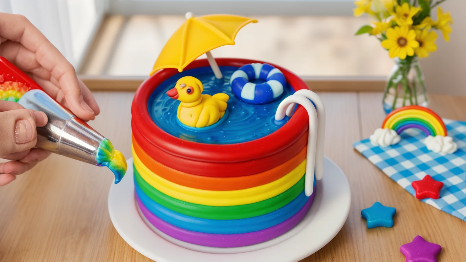 on a wooden table. there is a white plate with a rainbow cake in the form of a polymer clay pool, on the table there is a BLUE checkered tablecloth, there are STAR candies on the table next to them, ON THE TABLECLOTH IS A RAINBOW MADE OF POLYMER CLAY. against the background of the kitchen, Fruit basket, vase with Flowers, against the background of the window, bright lighting, Realistic style , realistic texture, detailed texture, a high resolution, high quality