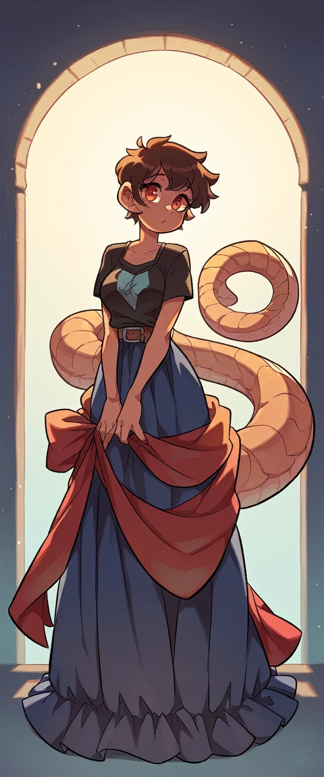 In anime, a tall girl, sexy, beautiful, cute, brown hair, long tail, hair, her red eye, dresses in a short shirt, blouse, shows her chest, a black bra and a blue short, cut out, a brown belt, and a black heel.