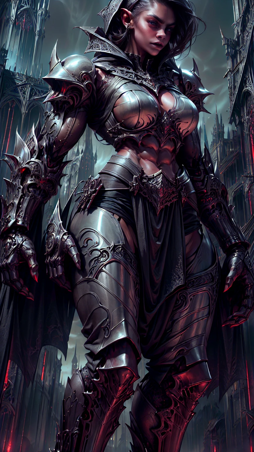 Full body portrait, (1 girl), Beautiful muscular armoured vampire girl standing on cathedral looking at the moon, (gothic vampire body armor:1.25), (extreme muscular definition:1.5), (large muscular vascular breasts:1.25), (huge muscular arms:1.5,) (10-pack abs:1.4), (lots of veins:1.25), thin legs, Realistic, Very detailed face and eyes, masterpiece
