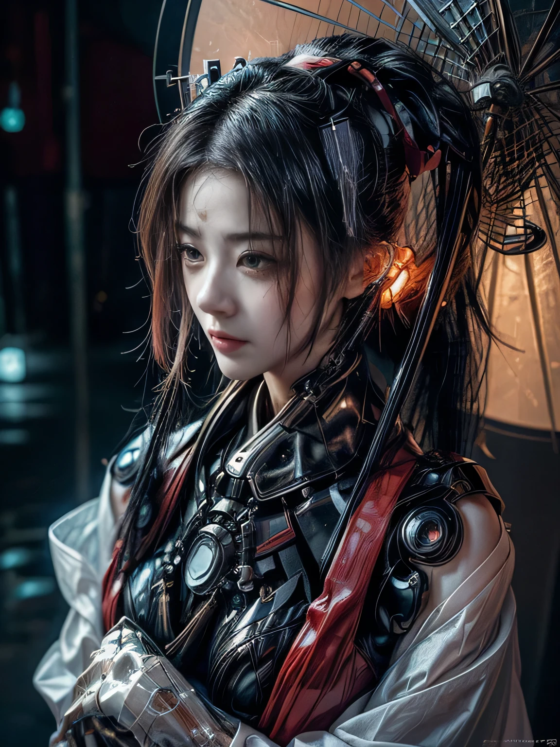 Science fiction, realistic photo, full body, 1 mechanical girl, mechanical parts, mechanical face, Very detailed face, mechanical eye, Some of the elements of the skin are mechanical., cyber, puppet, geisha androide, wearing traditional Japanese clothing and an umbrella, elegant mix of japanese woman and mechanical robot, japanese geisha androide, traditional geisha clothing, geisha mechanical beauty, geisha hairstyle, Portrait of a mechanical geisha., mechanical parts, mechanical face, mechanical hands, visible mechanical element (mechanical body,mechanical arms :1.4), face close-up shot depth of field, film grain, raw photo