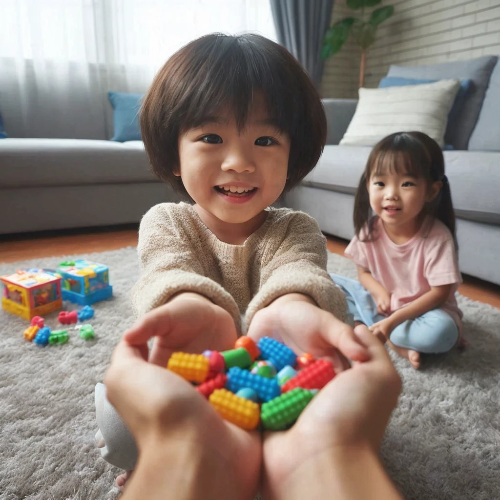 point of view, POV right hands  giving toys, in front of him there were two asian kids(boys and girl) happy playing in the living room(no blur),  Ultra HD --v 6.0, soft brightness, soft bright lighting, daylight lighting