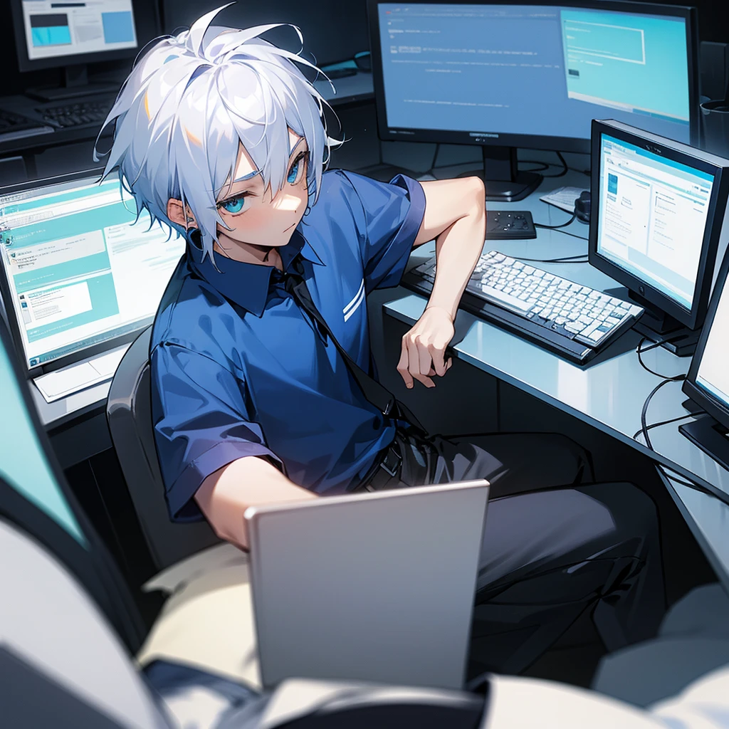 age boy, dark blue shirt, bluish white hair, greeneyes, black pants, sitting in an office chair using the computer alone, looking directly at the monitor