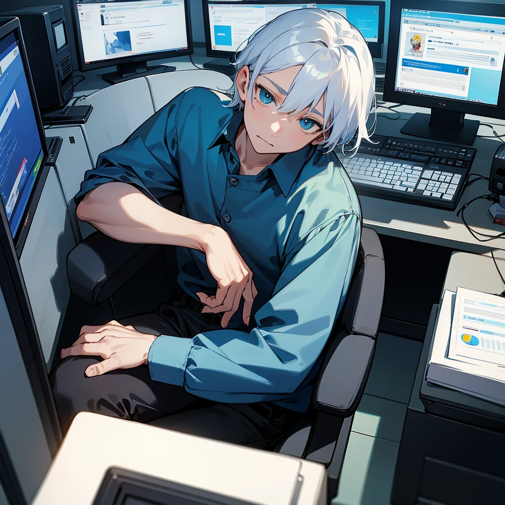 teenage boy, dark blue shirt, bluish white hair, greeneyes, black pants, sitting in an office chair using the computer alone, looking directly at the monitor