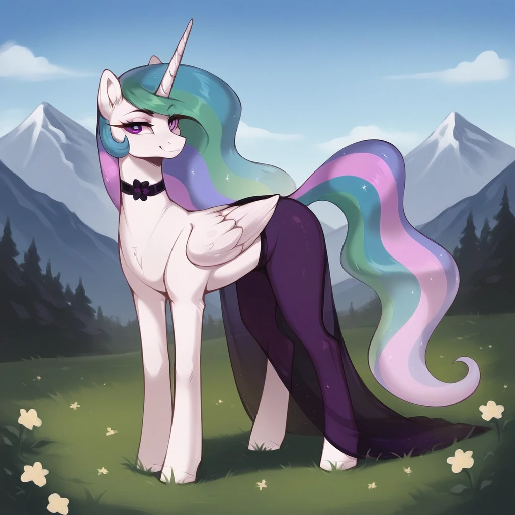 score_9, score_8_up, score_7_up, score_6_up, score_5_up, score_4_up, rating_explicit, outdoors, purple (see through purple dress and neck choker), solo, feral pony, princess  celestia, evil smile, closed mouth,BREAK mountain, day, sky, flower, mountainous horizon, blue sky, grass 