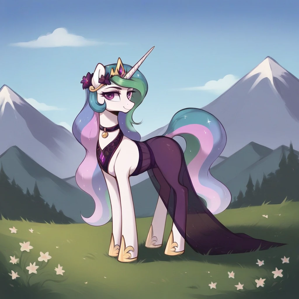 score_9, score_8_up, score_7_up, score_6_up, score_5_up, score_4_up, rating_explicit, outdoors, purple (see through purple dress and neck choker), solo, feral pony, princess  celestia, evil smile, closed mouth,BREAK mountain, day, sky, flower, mountainous horizon, blue sky, grass 