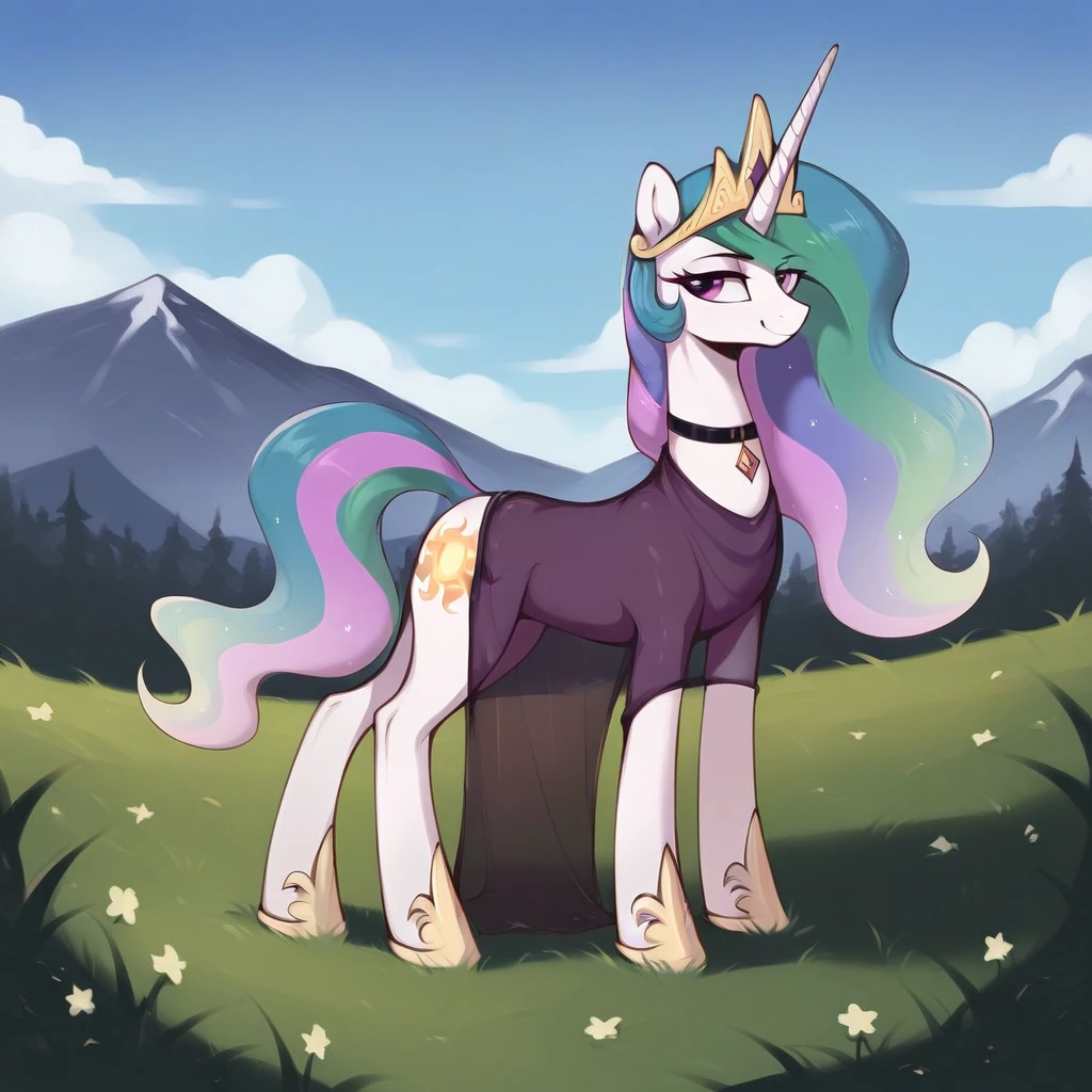 score_9, score_8_up, score_7_up, score_6_up, score_5_up, score_4_up, rating_explicit, outdoors, purple (see through purple dress and neck choker), solo, feral pony, princess  celestia, evil smile, closed mouth,BREAK mountain, day, sky, flower, mountainous horizon, blue sky, grass 