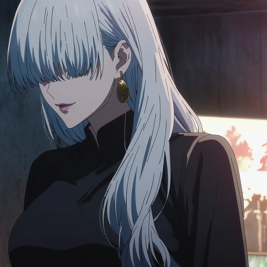 1girl, female gojo satoru, anime screencap from jujutsu kaisen, gojo satoru female version, solo, long_hair, ((purple eyes)) ((White_hair, hair over eyes from one side, side bangs)), night view, (hanging breasts) upper_body, smile, indoors, book, lips, (long hair) ((wearing black colour outfit, glossy)) breast, "very detailed and high resolution" (purple eyes) ((solo)) (((front view))) (earings) ((high resolution)) ((good quality)) ((silky hair, hair over eyes from one side)) ((shy))