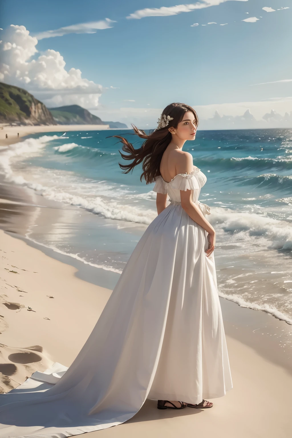 an oil painting of a woman in a white dress on the beach watching caravels in the sea