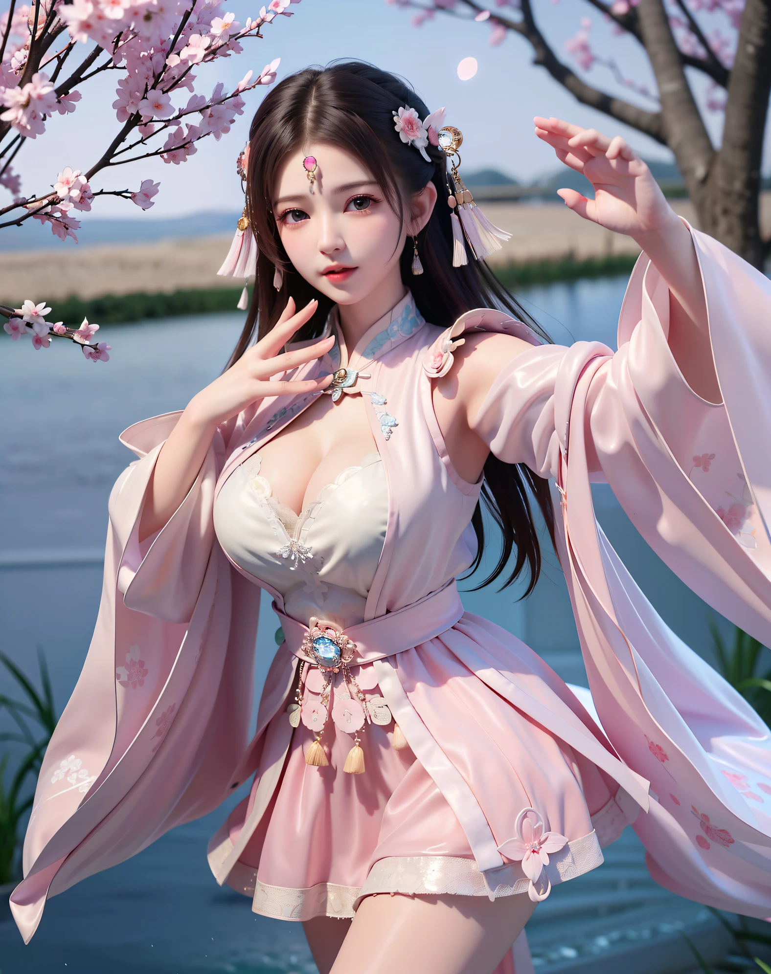 (8k, RAW photo:1.2), best quality, ultra high res,dramatic angle,(fluttered detailed color splashs), (illustration),(((1 girl))),(long hair),(rain:0.9), (Headdress:1.4),There is an ancient palace beside the girl,Hanfu,(Key Points),Color ink painting,(Splash of Color),Splash of Color,(((colorful))),(sketch:0.8) , Masterpiece, best quality, beautiful painted, highly detailed,(denoising:0.6),[splash ink],((ink refraction)), (beautiful detailed sky),moon,highly,detaild,(masterpiece, best quality, extremely detailed） CG Unity 8k Wallpaper，masterpiece，best quality，Ultra Detailed），（Lycoris）.shoulder ballet dress open V-chested clothes Thin silk lace dress short skirt , (huge ，cleavage),, white pink, blue ，best qualtiy，tmasterpiece，Ultra-high resolution，（Reality：1.4），RAW photogr，（True skin texture：1.3），（filmgrain：1.3），（Selfie angle），1个Giant Breast Girl，Beautiful eye and face details，tmasterpiece，Best quality at best，，The chest more exposed， detailed hair, bra pink , detail 8k, full body, lace petticoat. play guzheng