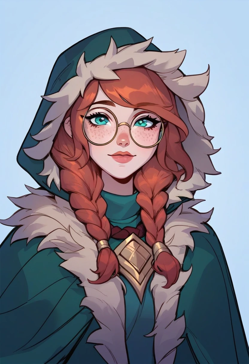 masterpiece, best quality, 1female, beautiful, aurora (league of legends), 1girl, freckles, bangs, braid, green cloak, fur trim, hood up, round eyewear