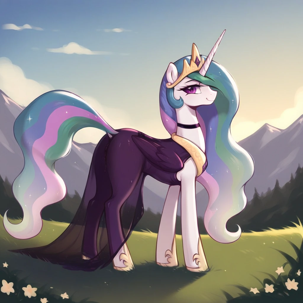 score_9, score_8_up, score_7_up, score_6_up, score_5_up, score_4_up, rating_explicit, outdoors, purple (see through purple dress and neck choker), solo, feral pony, princess  celestia, evil smile, closed mouth,BREAK mountain, day, sky, flower, mountainous horizon, blue sky, grass 