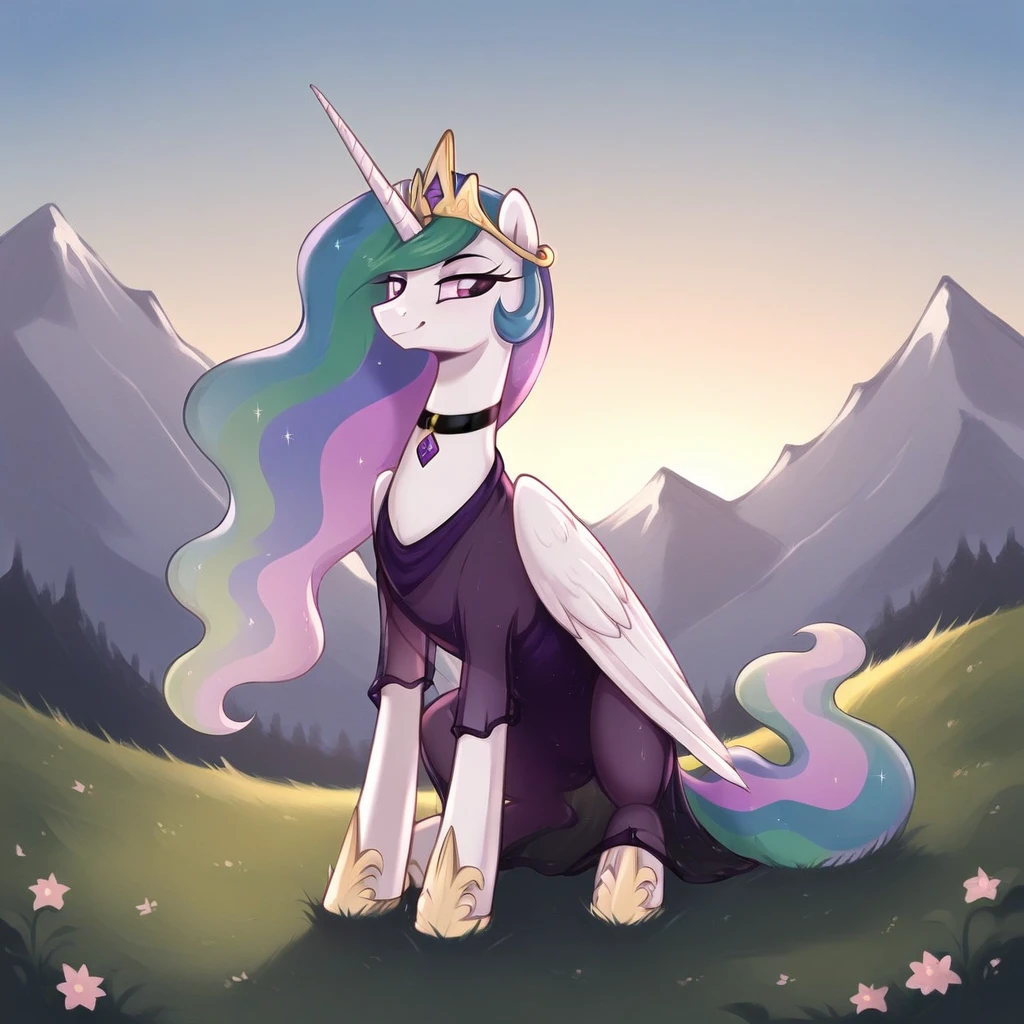 score_9, score_8_up, score_7_up, score_6_up, score_5_up, score_4_up, rating_explicit, outdoors, purple (lingerie and neck choker), solo, feral pony, princess  celestia, evil smile, closed mouth,BREAK mountain, day, sky, flower, kingdom, blue sky, grass 