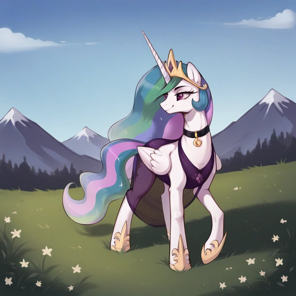 score_9, score_8_up, score_7_up, score_6_up, score_5_up, score_4_up, rating_explicit, outdoors, purple (see through purple dress and neck choker), solo, feral pony, princess  celestia, evil smile, closed mouth,BREAK mountain, day, sky, flower, mountainous horizon, blue sky, grass 