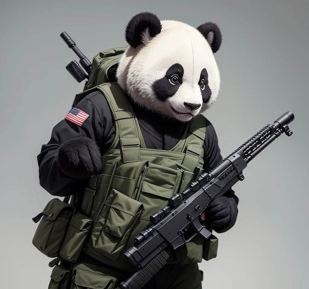 Panda holding a rifle on the left side，Gray background