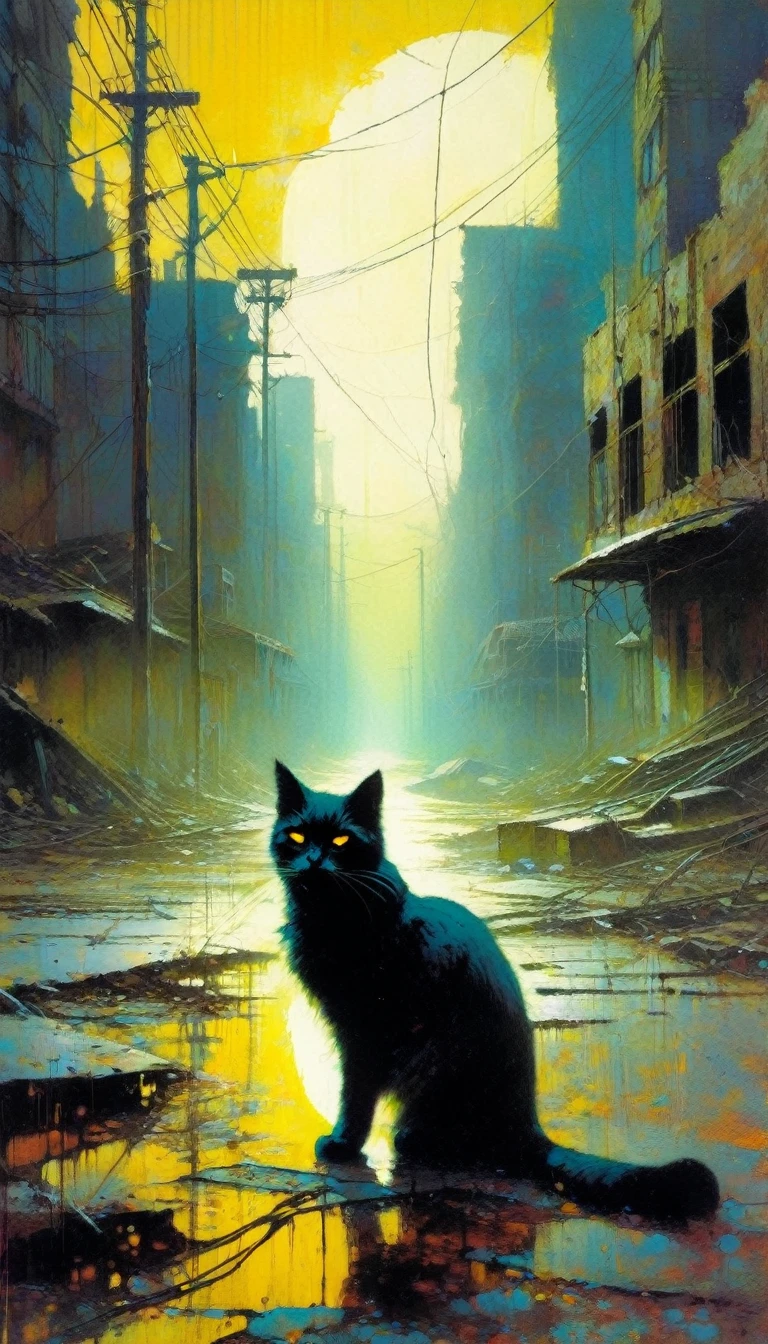 a cat on abandoned landscape, abandoned city, post-apocalyptic, loneliness,(art inspired by Bill Sienkiewicz). oil painting)
