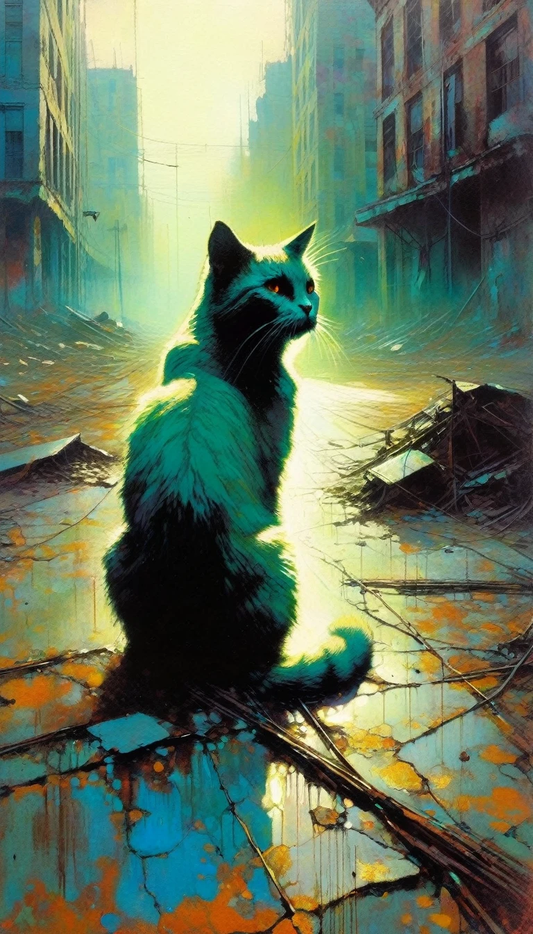 a cat on abandoned landscape, abandoned city, post-apocalyptic, loneliness,(art inspired by Bill Sienkiewicz). oil painting)