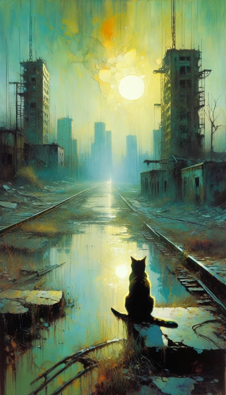 a cat on abandoned landscape, abandoned city, post-apocalyptic, loneliness,(art inspired by Bill Sienkiewicz). oil painting)
