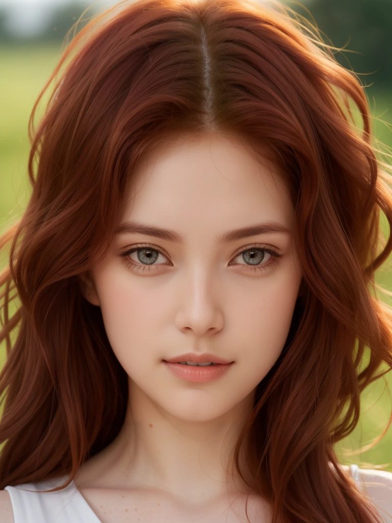 (girl:1.2),One, Red hair, Wavy hair, bright green eyes, shy, freckles, beautiful, a high resolution, masterpiece, realistic anatomy, Best quality, in detail, high detail, 