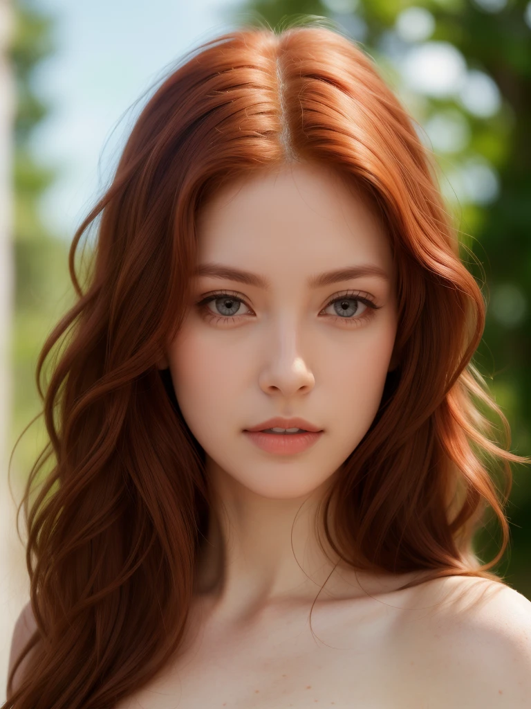 (girl:1.2),One, Red hair, Wavy hair, bright green eyes, shy, freckles, beautiful, a high resolution, masterpiece, realistic anatomy, Best quality, in detail, high detail, 