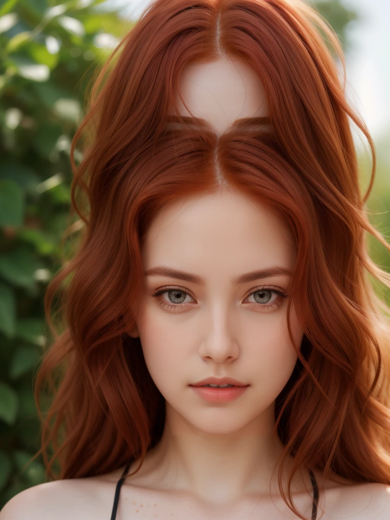 (girl:1.2),One, Red hair, Wavy hair, bright green eyes, shy, freckles, beautiful, a high resolution, masterpiece, realistic anatomy, Best quality, in detail, high detail, 