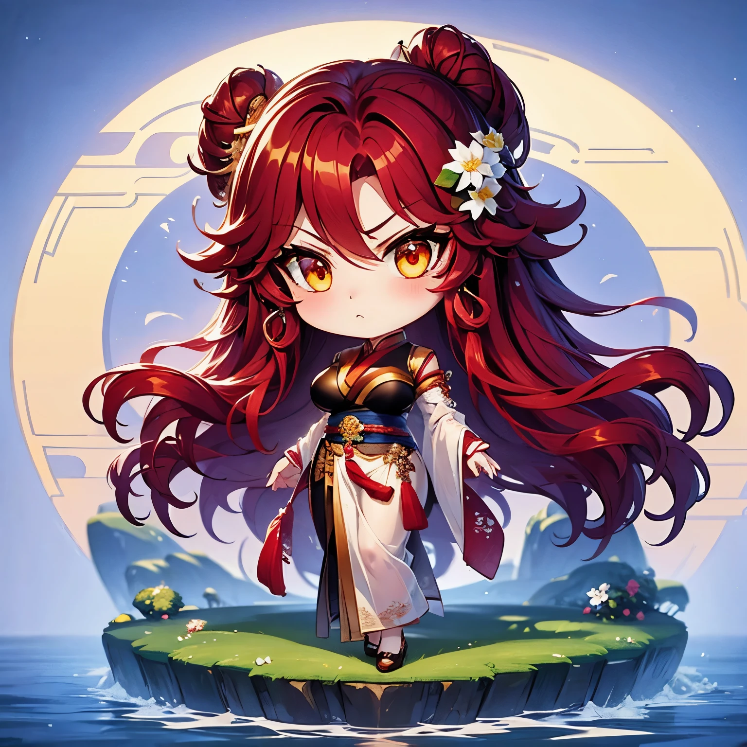 Chibi character pixel art, ((xian mei)), 1 girl, long red hair, standing, Chibi style, shapely breasts, high quality pixel art, Gege Akutami, photography, beautiful, colorful, realistic, masterpieces, top quality, best quality, official art, beautiful and aesthetic, hanfu, perfect anatomy, mini solo chibi, angry, angry, hungry, angry, flower garden,