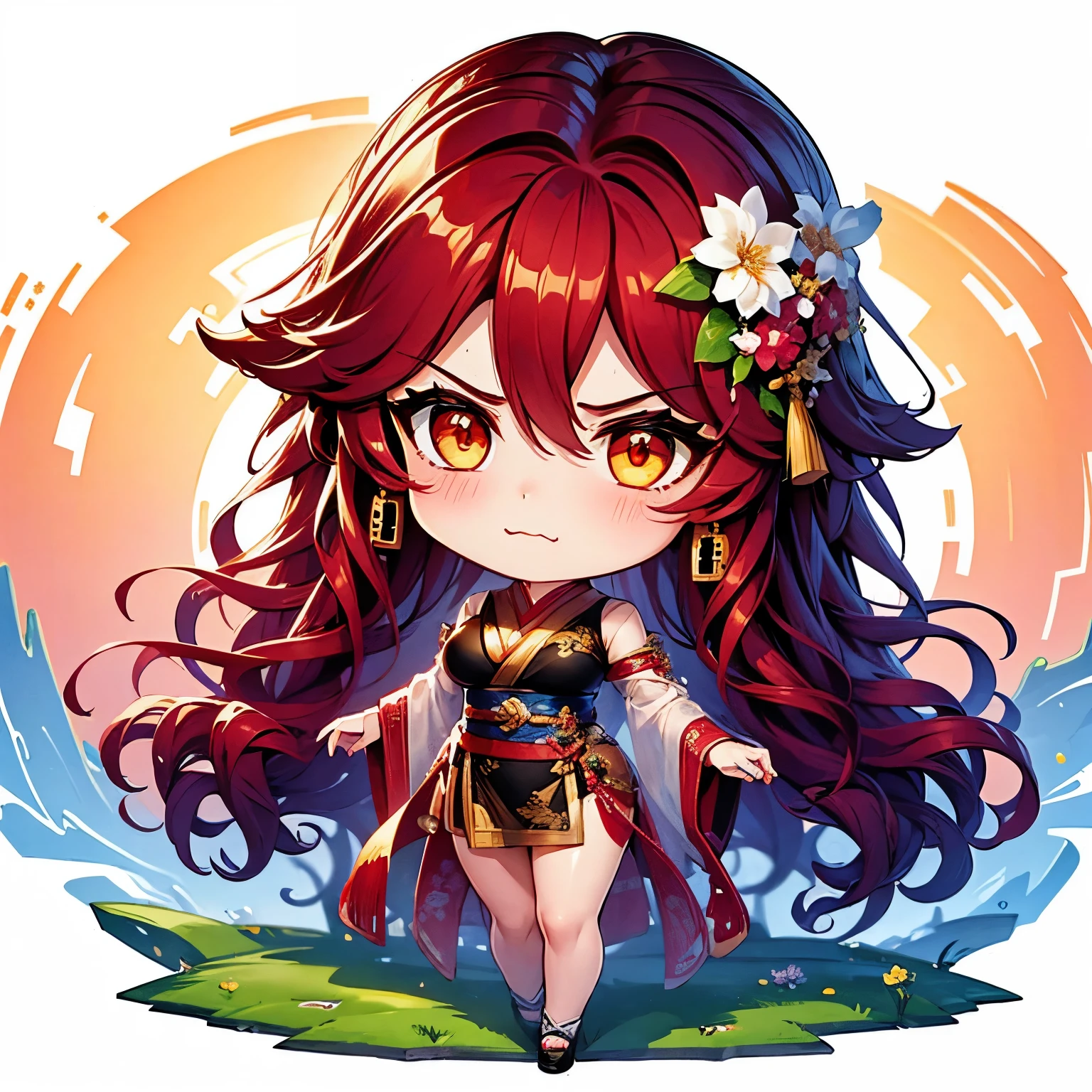 Chibi character pixel art, ((xian mei)), 1 girl, long red hair, standing, Chibi style, shapely breasts, high quality pixel art, Gege Akutami, photography, beautiful, colorful, realistic, masterpieces, top quality, best quality, official art, beautiful and aesthetic, hanfu, perfect anatomy, mini solo chibi, angry, angry, hungry, angry, flower garden,