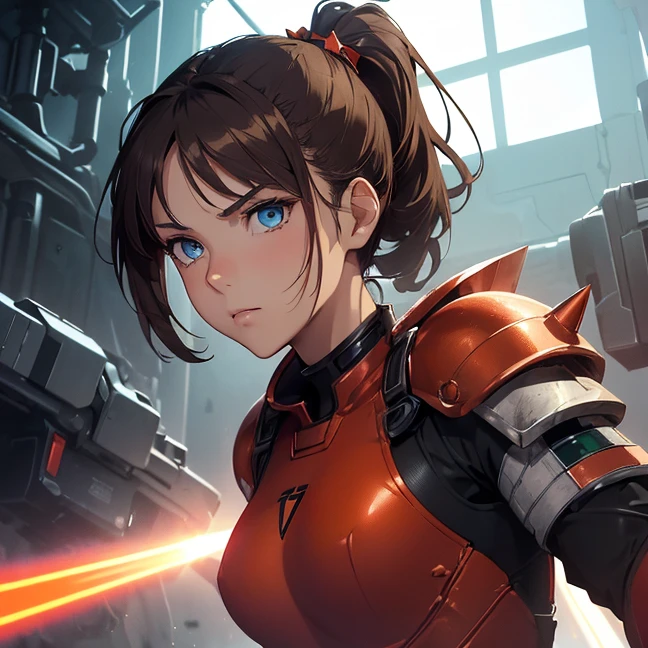 Absurdres, master piece, best high quality image, Science fiction genre, carefully detailed artwork, carefully detailed image, no deformity, solo alone character, full character view
{{(1character: 16 years old brown haired human futuristic medic girl, (beautiful blue eyes, fair skin, absolutely beautiful, brown hair tied in short ponytail with green ribbon, teenage body, serious demeanor, guard position), (red bodysuit, silver battle armor, black heavy laser pistol), (orange alien valley, purple ground spikes))}}