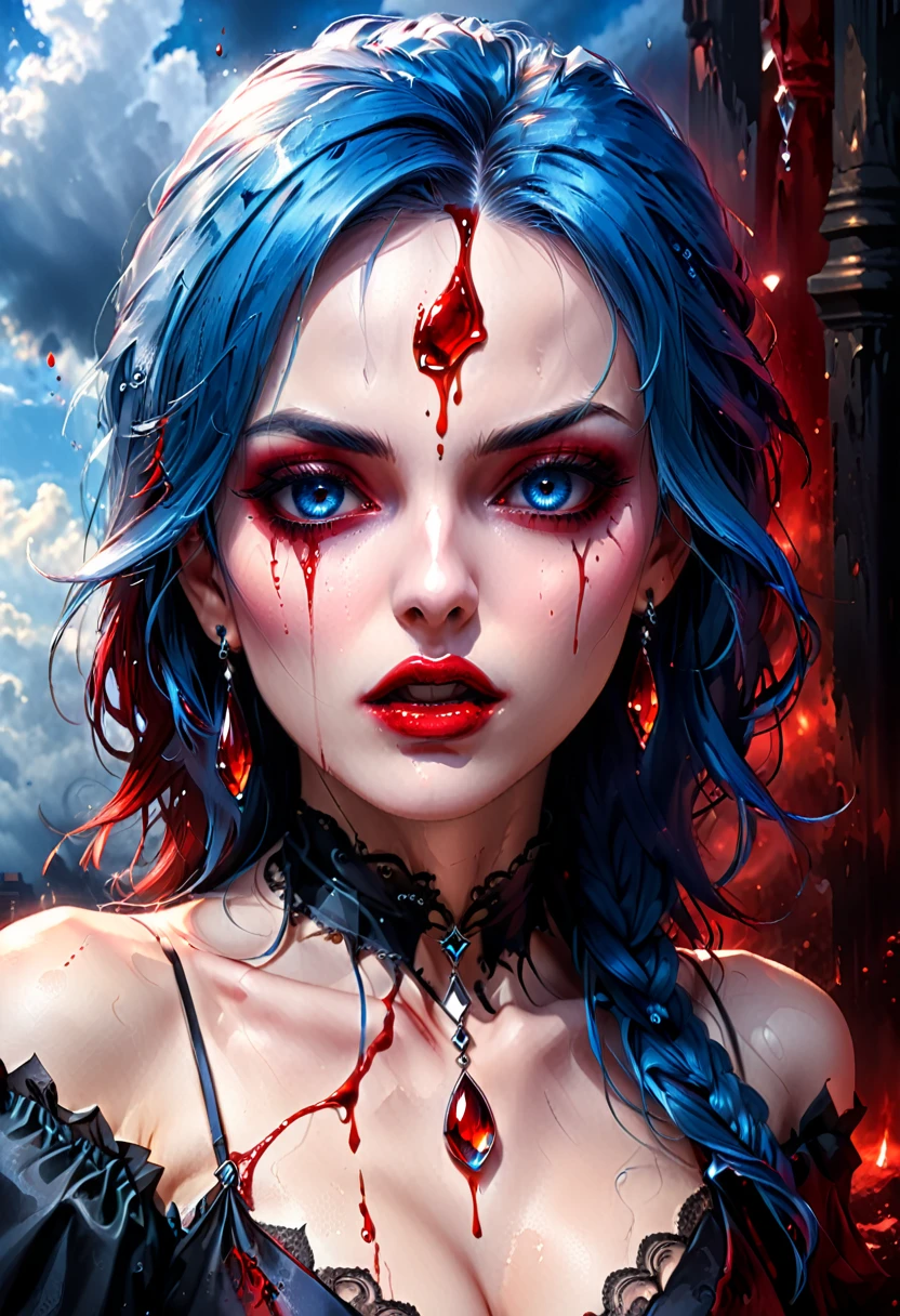 a portrait of vampire with a bloody tear coming down from he eye, an exotic beautiful female vampire, beep blue hair color, dynamic hair style, ultra detailed face, best detailed face, dynamic eye color, ((1single red teardrop, teardrop made of blood coming down from the eye: 1.3)), small cleavage, wearing two black diamond earrings, Ultra-high resolution, High Contrast, (masterpiece:1.5), highest quality, Best aesthetics), 16K fantasy art, best details, best quality, highres, (ultra wide angle: 1.2), 16k, [ultra detailed], masterpiece, best quality, (extremely detailed), ladyshadow, magical sky, crying style