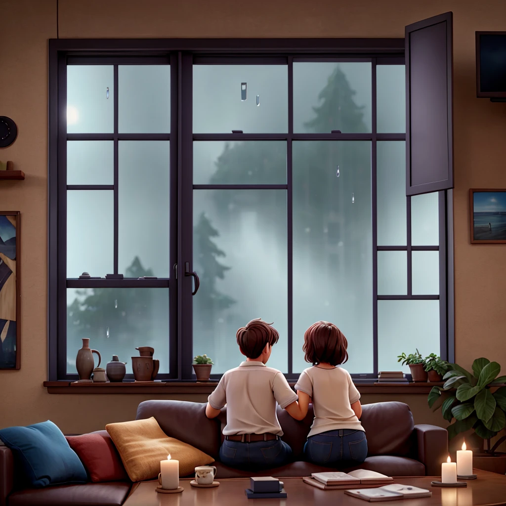 Creates an image of a couple watching a movie sitting on the couch with the window outside and rainy landscape