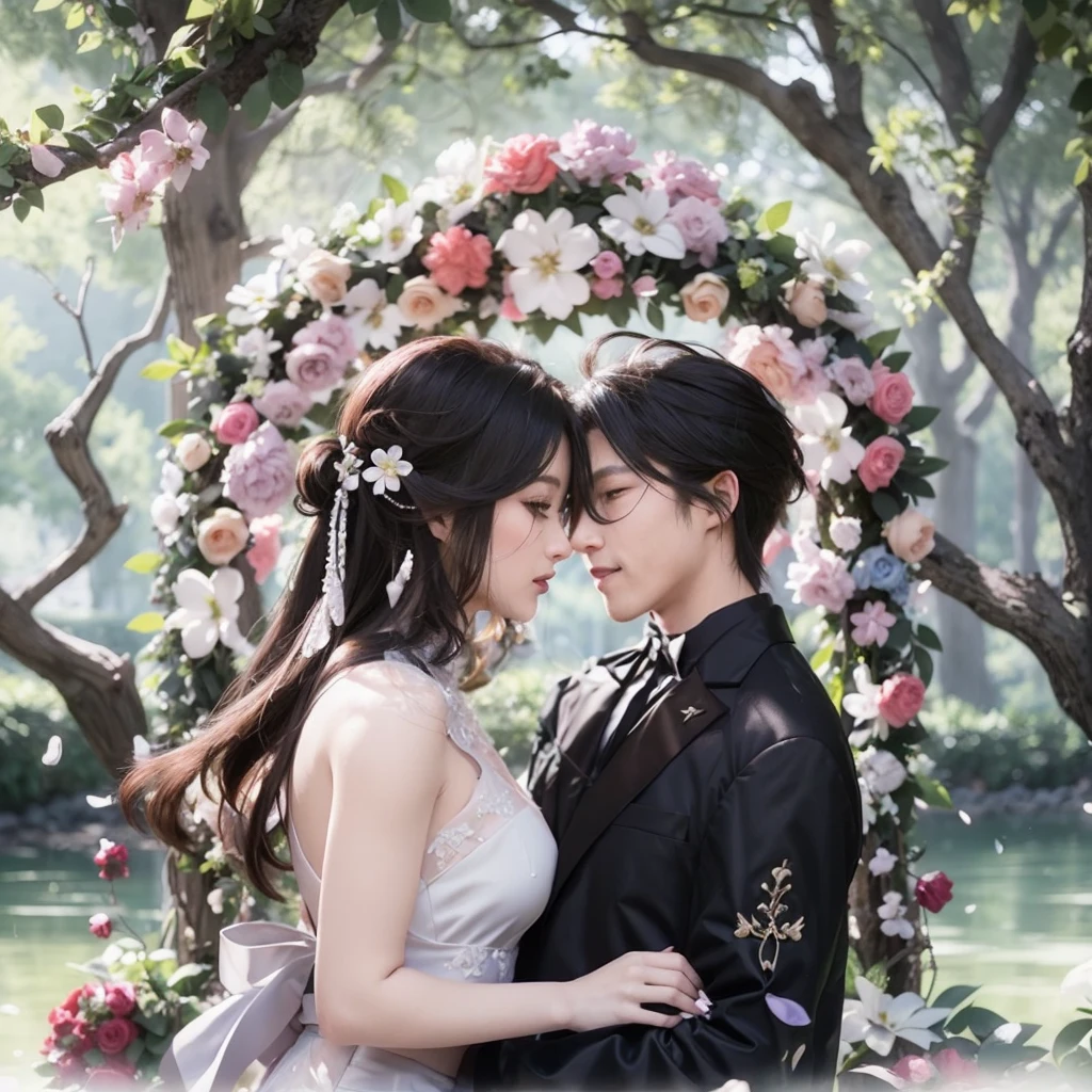 A man and a woman dressed in a white wedding dress，Standing side by side, wedding photo, Cyan tones,Red wedding dress,Melon-eating masses,