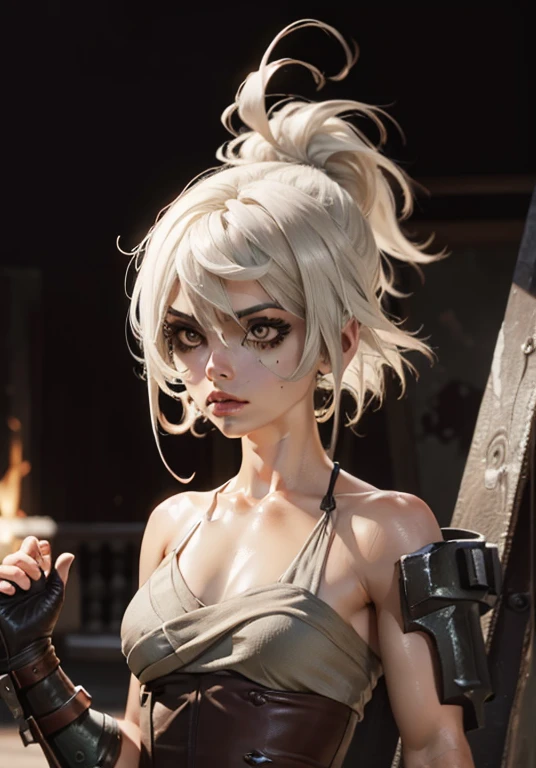 (Masterpiece:1.2), best quality, riven \(league of legends\), 1girl, sarashi, muscular female, abs, white hair, black eyeshadow, bare shoulders, upper body, potrait