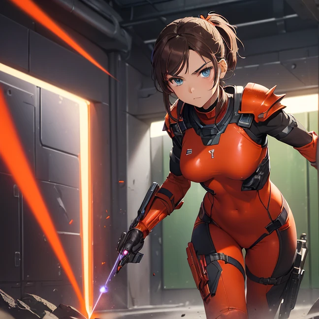 Absurdres, master piece, best high quality image, Science fiction genre, carefully detailed artwork, carefully detailed image, no deformity, solo alone character, full body view
{{(1character: brown haired human futuristic medic girl, (beautiful blue eyes, fair skin, absolutely beautiful, brown hair tied in short ponytail with green ribbon, teenage body, serious demeanor, guard position), (red bodysuit, silver battle armor, black heavy laser pistol), (orange alien valley, purple ground spikes))}}