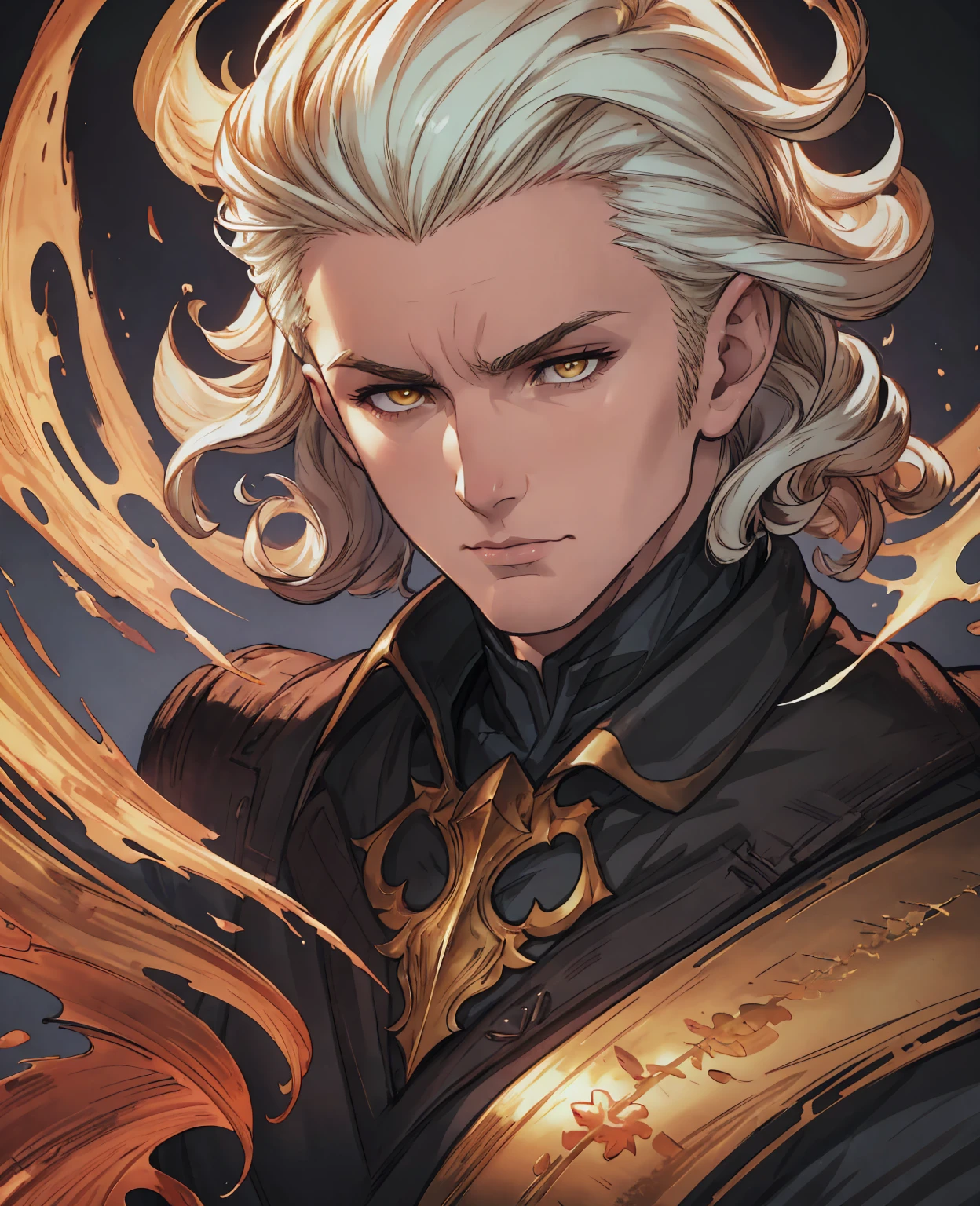 a young man with white slightly curly hair, pale handsome face, yellow eyes, elegant expression, detailed face, detailed eyes and face, sharp facial features, oil painting, highly detailed, hyper realistic, photorealistic, 8k, studio lighting, dynamic lighting, warm color palette, dramatic lighting, dramatic shadows, cinematic composition