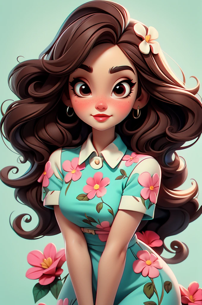 Lana Del Rey, flower dress, white background,, red lips,, pink pinup style, aqua black eyes, brown hair
