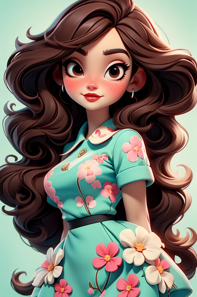 Lana Del Rey, flower dress, white background,, red lips,, pink pinup style, aqua black eyes, brown hair
