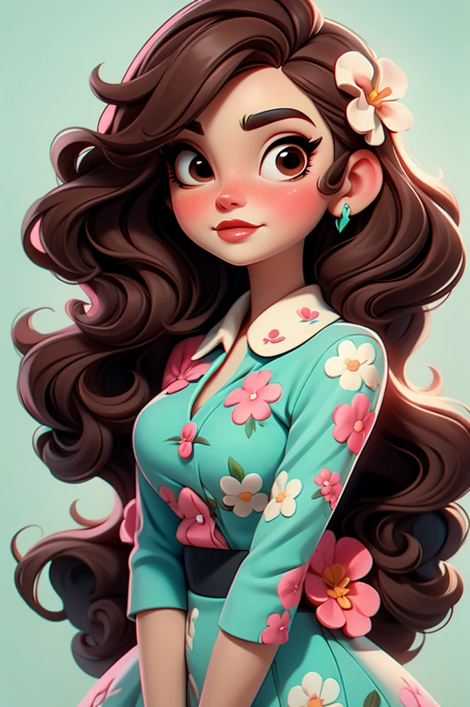 Lana Del Rey, flower dress, white background,, red lips,, pink pinup style, aqua black eyes, brown hair
