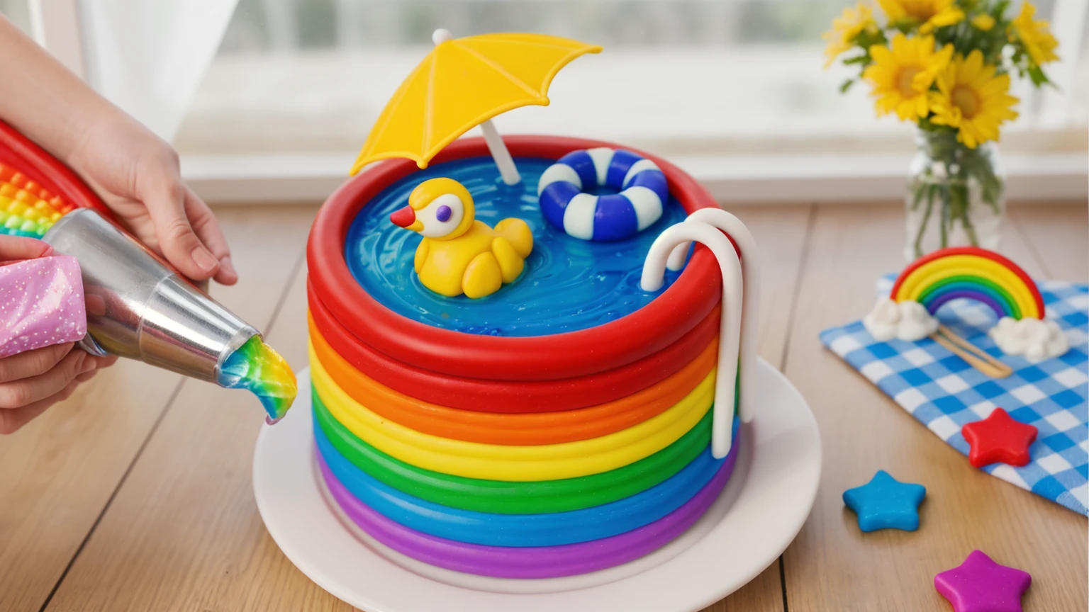 on a wooden table. there is a white plate with a rainbow cake in the form of a polymer clay pool, on the table there is a BLUE checkered tablecloth, there are STAR candies on the table next to them, ON THE TABLECLOTH IS A RAINBOW MADE OF POLYMER CLAY. against the background of the kitchen, Fruit basket, vase with Flowers, against the background of the window, bright lighting, Realistic style , realistic texture, detailed texture, a high resolution, high quality