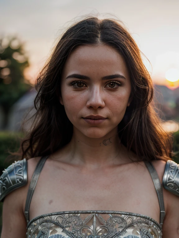 (masterpiece), (extremely intricate:1.3), (realistic), portrait of a girl, the most beautiful in the world, (medieval armor), metal reflections, upper body, outdoors, intense sunlight, far away castle, professional photograph of a stunning woman detailed, sharp focus, dramatic, award winning, cinematic lighting, octane render unreal engine, volumetrics dtx, (film grain, blurry background, blurry foreground, bokeh, depth of field, sunset, motion blur:1.3), chainmail