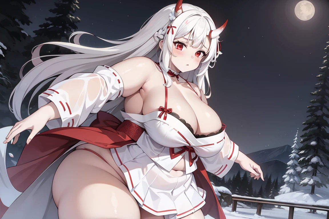 1girl, white hairs, red eyes, skimpy white-red kimono, long hair, massive breasts, mature, lake, night, cleavage, Oni, armored skirt, oni horns