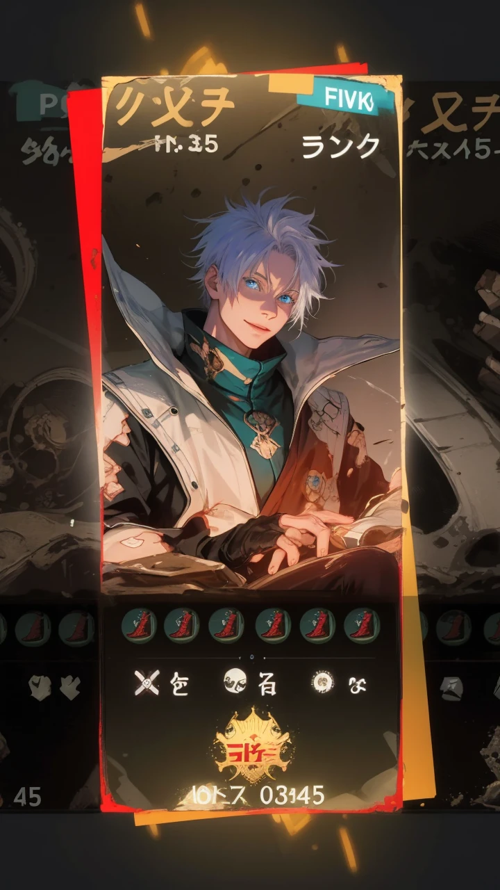 masterpiece, best quality, 1boy, gojou satoru, jujutsu kaisen, white hair, short hair, blue eyes, beautiful blue eyes, black jacket, black pants ,high collar, long sleeves, shoes, upper body, smile, looking at viewer, solo, blue sky, meadow background , beautiful blue lights in the background, 4k anime