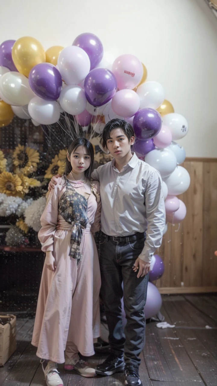 They stand in front of a balloon arch with balloons, cute couple, kissing together cutely, Happy couple, Ruan Jia and Fenghua Zhong, They are in love, ruan jia and brom, 😭 🤮 💕 🎀, KDA和Sam Yang。, Happy newlyweds, 🤬 🤮 💕 🎀, awww, 😭🤮 💔