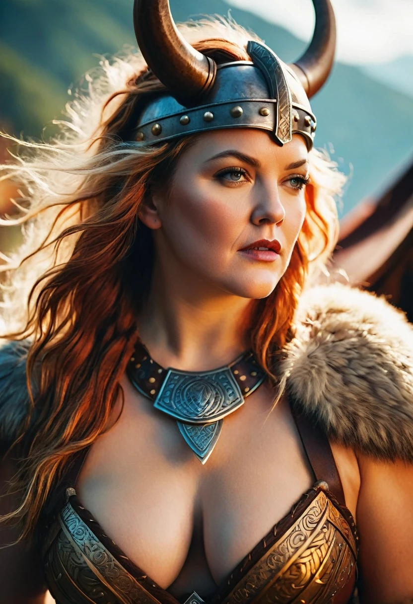 Looks like Drew Barrymore, A stunning intricate full color portrait of (sks woman:1) as (viking warrior), (barbarian), extremely seductive woman, busty outfit, perfect plus size Beauty, Barbarian warrior queen, fluffy streax hair, styled hair, epic character composition, by ilya kuvshinov, alessio albi, nina masic, sharp focus, natural lighting, subsurface scattering, f2, 35mm, film grain,