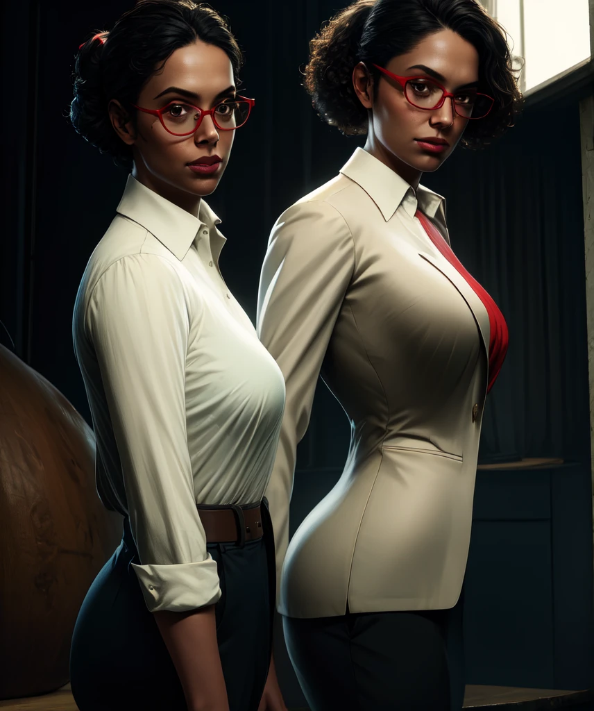 Ingrid,black hair,brown eyes,short hair,curly hair,short ponytail,
red glasses,looking at viewer,
dress pants,long sleeves,suit, white shirt, 
science fiction,dim lighting,tech,standing,upper body, nsfw
(insanely detailed, masterpiece, best quality),