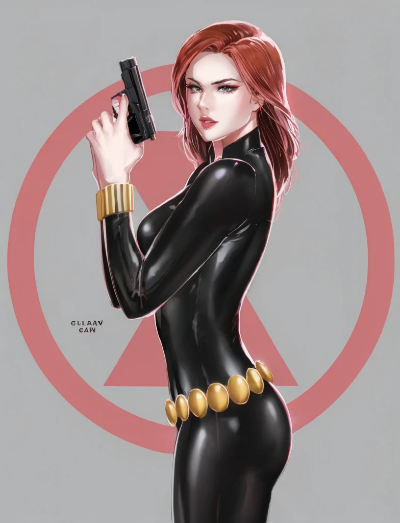  Black Widow, from the Marvel Comics universe. She is showcased in a sleek skin-tight shiny black latex bodysuit, a belt made of golden circles, and golden wrist guards. In her right hand, she is holding a gun. The ambiance divulges power, strength, and an impressive aura radiated by Black Widow.